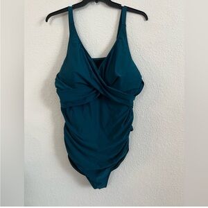 BloomChic Teal One Piece Swimsuit Size 22-24 Ruched Tummy Control V Neck NWT